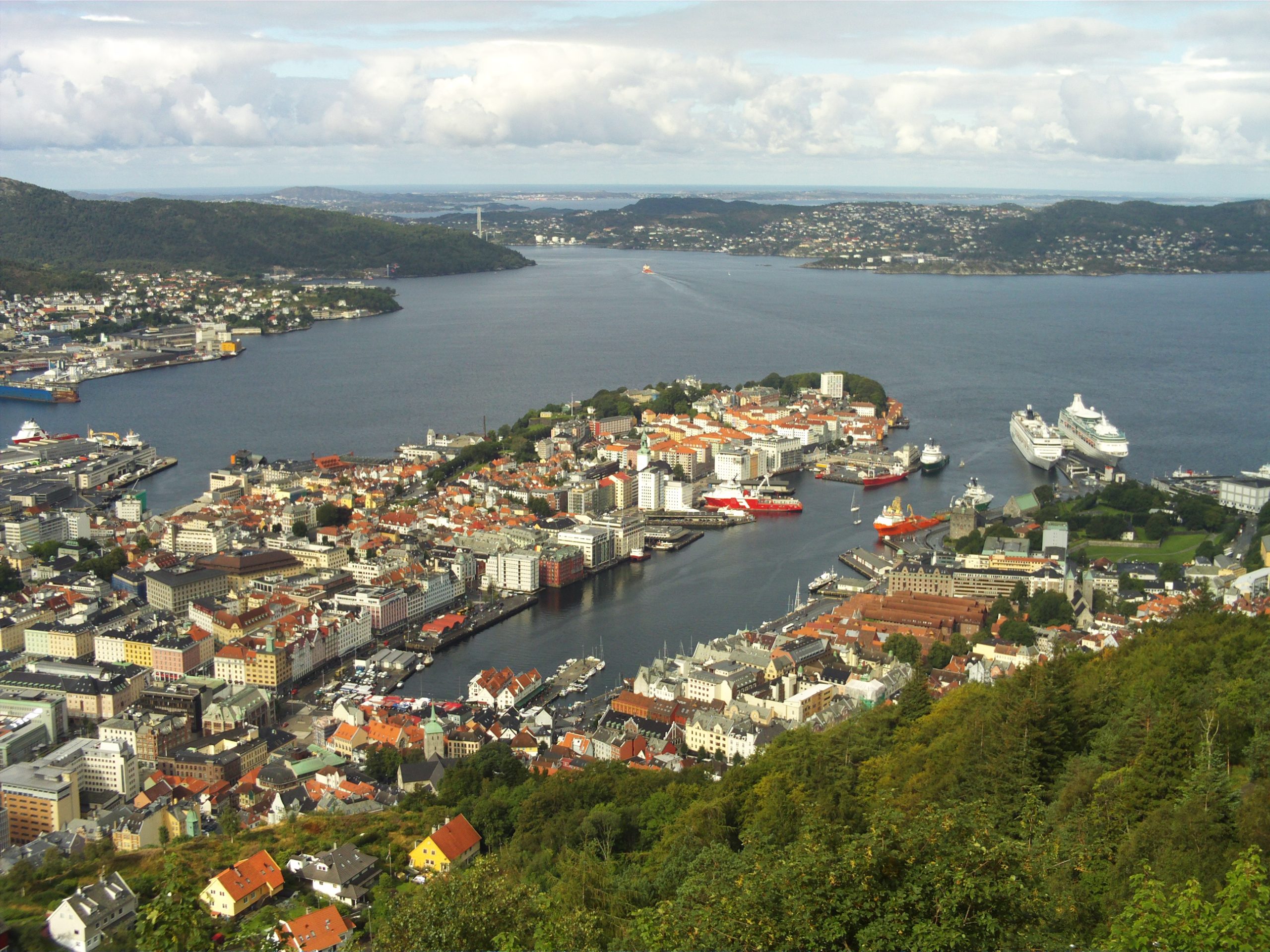 Qué ver en Bergen en un día de crucero 9 Panorámica de Bergen desde el monte Fløyen con sus tejados rojos y el fiordo
